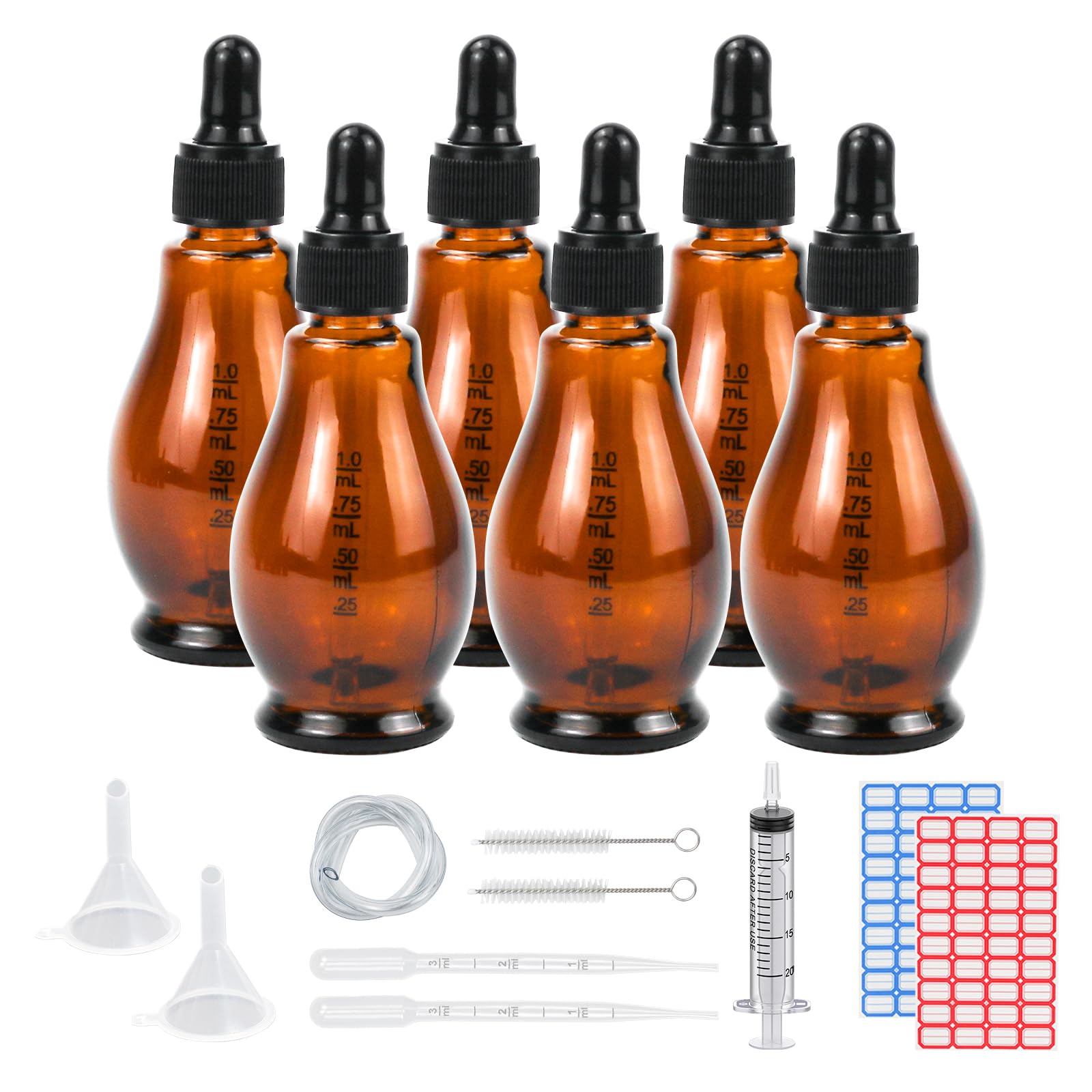 Reyshin 50ml Glass Dropper Bottles, 6 Pack Pear Shaped Amber Glass Bottle with Dropper Pipettes Refillable Sample Dropper Bottle for Essential Oil Massage Aromatherapy Eye Drops (Amber 50ml) — image 1