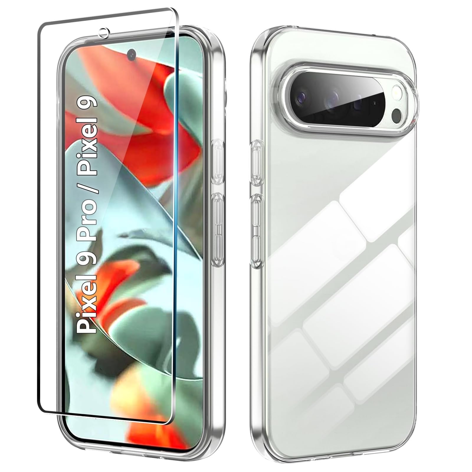 AHABIPERS Clear Phone Case for Google Pixel 9 and Pixel 9 Pro Case + 3 Tempered Glass Screen Protector - HD Clarity Bubble-Free Installation, Not-Yellowing Crystal Clear Hybrid Cover