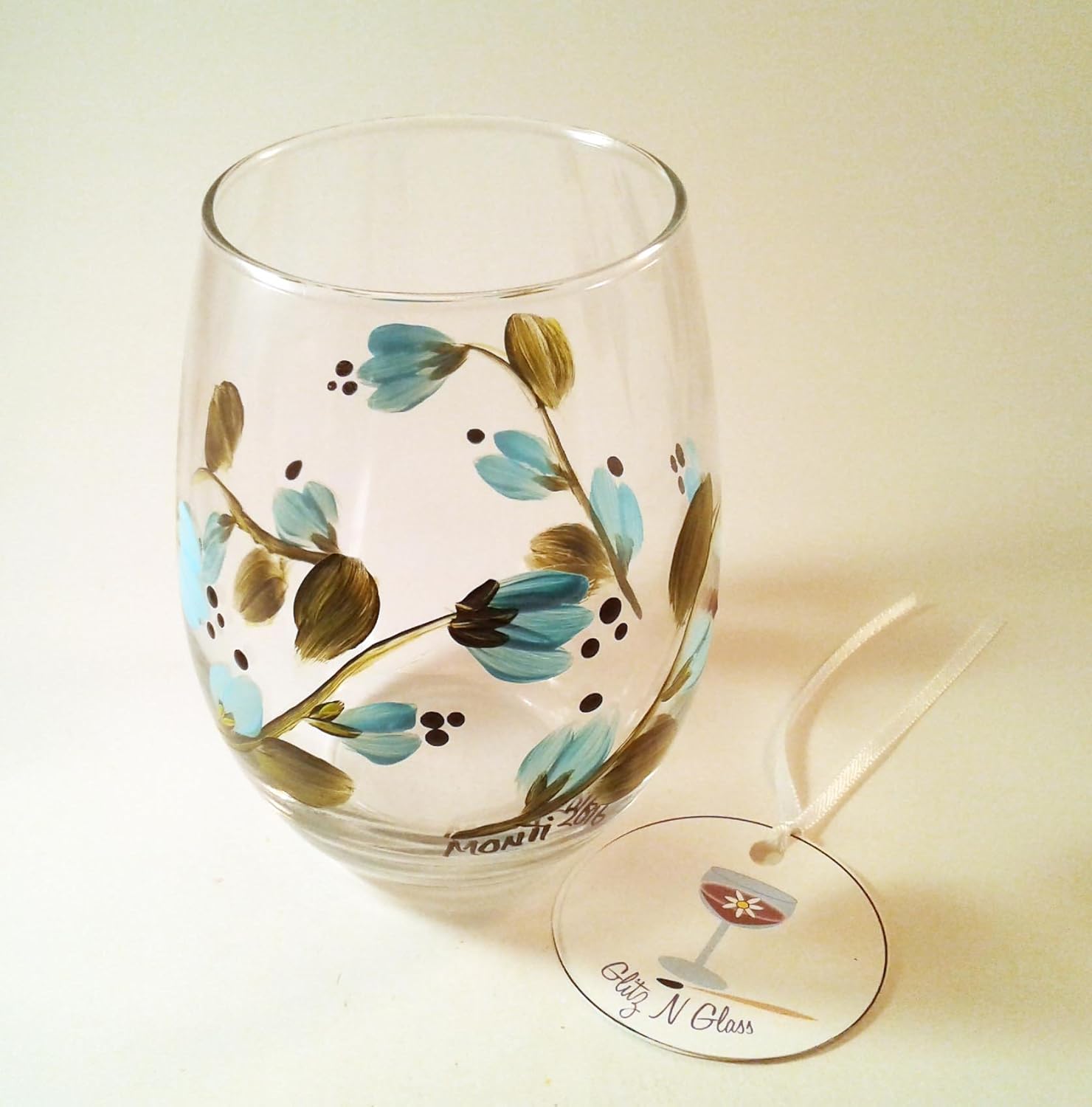 Hand Painted Glass Stemless Wine Glass With Blue Flowers