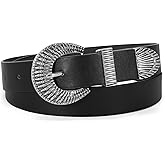 LEACOOLKEY Western Leather Belt for Women Vintage Design Buckle Waist Belt for Jeans Dress