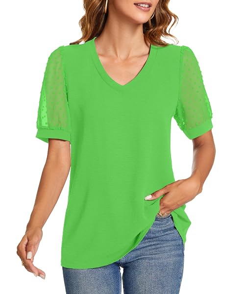 NILOUFO WOMENS SUMMER CASUAL SHIRTS SHORT SLEEVE TUNIC V NECK TRENDY BLOUSES TOPS(B:GREEN, LARGE)