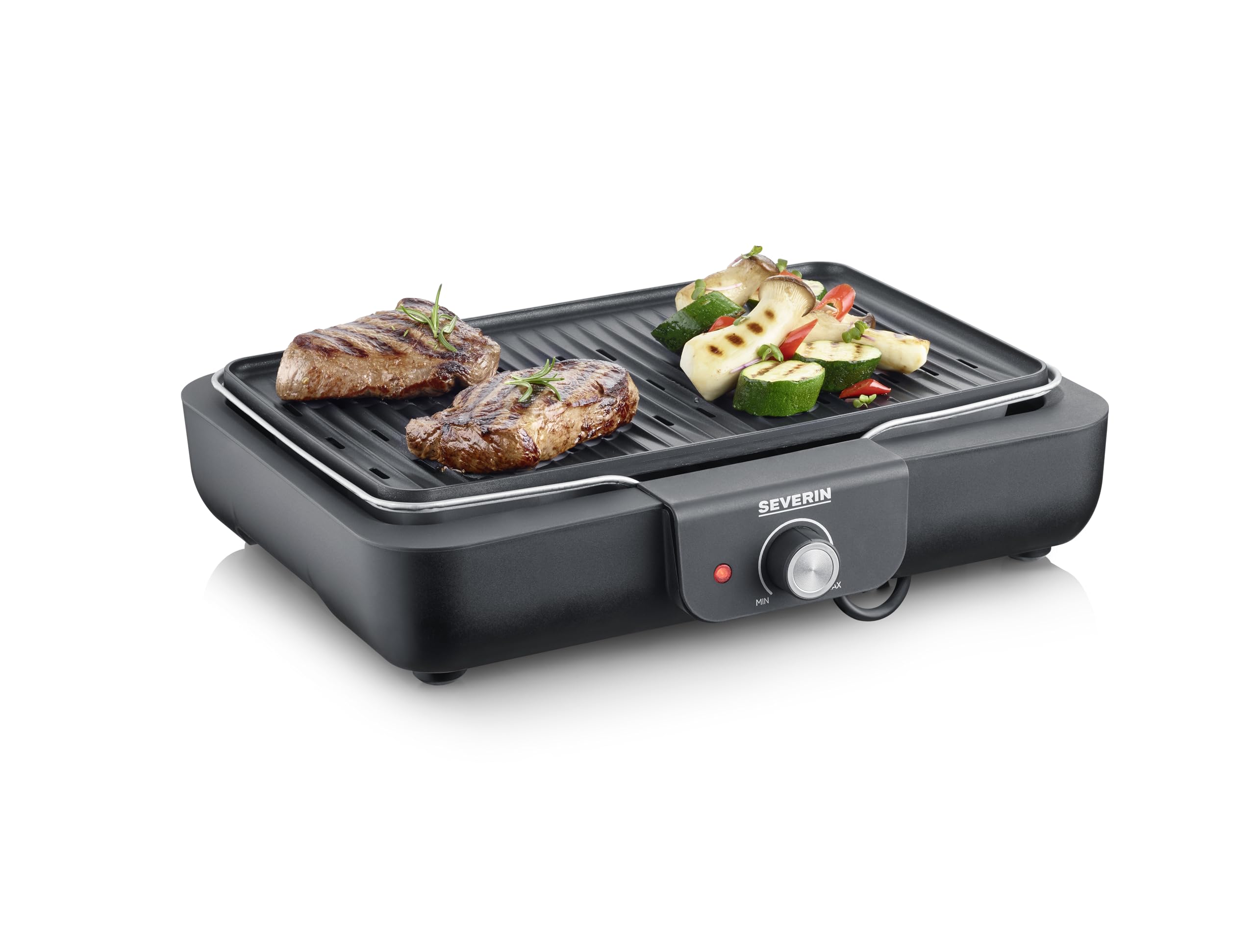 Severin Tischgrill mit Aluminium-Grillplatte, für drinnen und draußen, Alu-Druckgussplatte, Elektrogrill mit schnellem Grill-Start, einstellbar bis zu 230°C, 2.200 W, schwarz, PG 8556