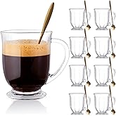 Claplante Glass Mug Set of 8, 15 oz Large Capacity Coffee Mugs with Handles, Clear, with 8 Spoons; Ideal for Latte, Espresso, Juice, Tea
