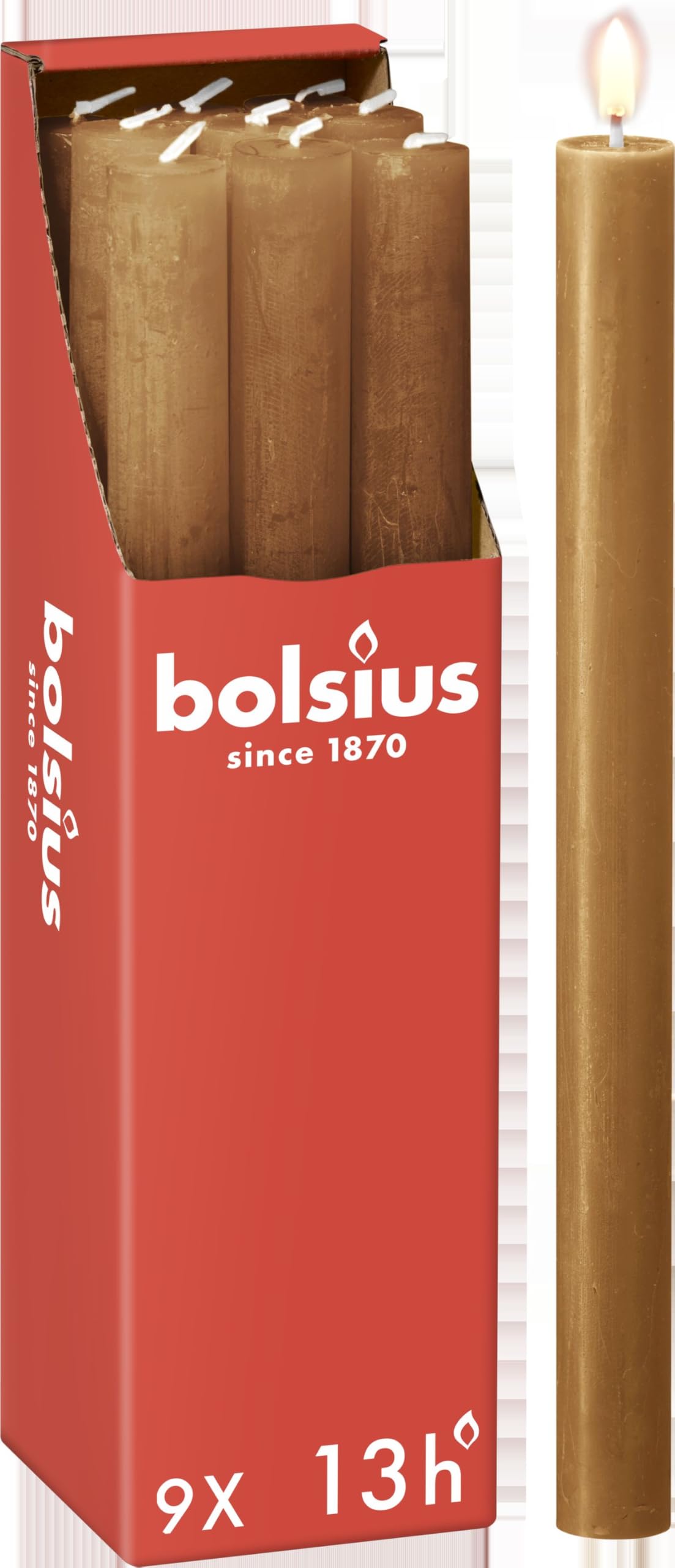 Bolsius Rustic Dinner Candles - Spice Brown - Pack of 9 - Long Burning Time of 13 Hours - Household Candle - Interior Decoration - Unscented - Natural Vegan Wax - 27 x 2.3 cm — image 1