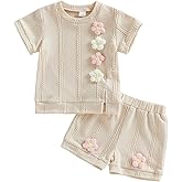 Nibbcoa Toddler Baby Girl Clothes 3D Flower Short Sleeve T Shirt Shorts Set 2 Piece Summer Infant Outfit Set 6M-4T