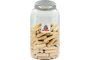 Rhino Wood Industries - 1/2" x 2" - 200 Pack Wooden Dowel Pins in Plastic Jar - Kiln Dried, Fluted, and Beveled (1/2" x 2", 200pk, Jar)