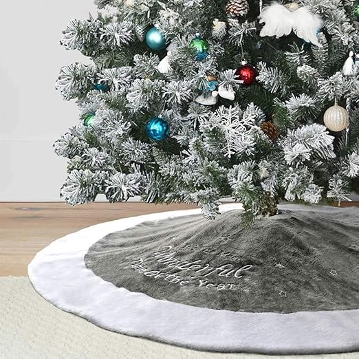 Amazon Com Dremisland 36 Luxury Faux Fur Christmas Tree Skirt With Snowflake Double Layers Soft Tree Skirt Xmas Holiday Party Decoration Grey Home Kitchen