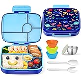 ANDMOON Bento Box for Kids Lunch Box Leak-Proof, Bento Lunch Box with 5 Compartments, Lunch Containers with 3 Silicone Baking Cups, Microwave/Dishwasher Safe (43OZ) (Blue with snack cup)