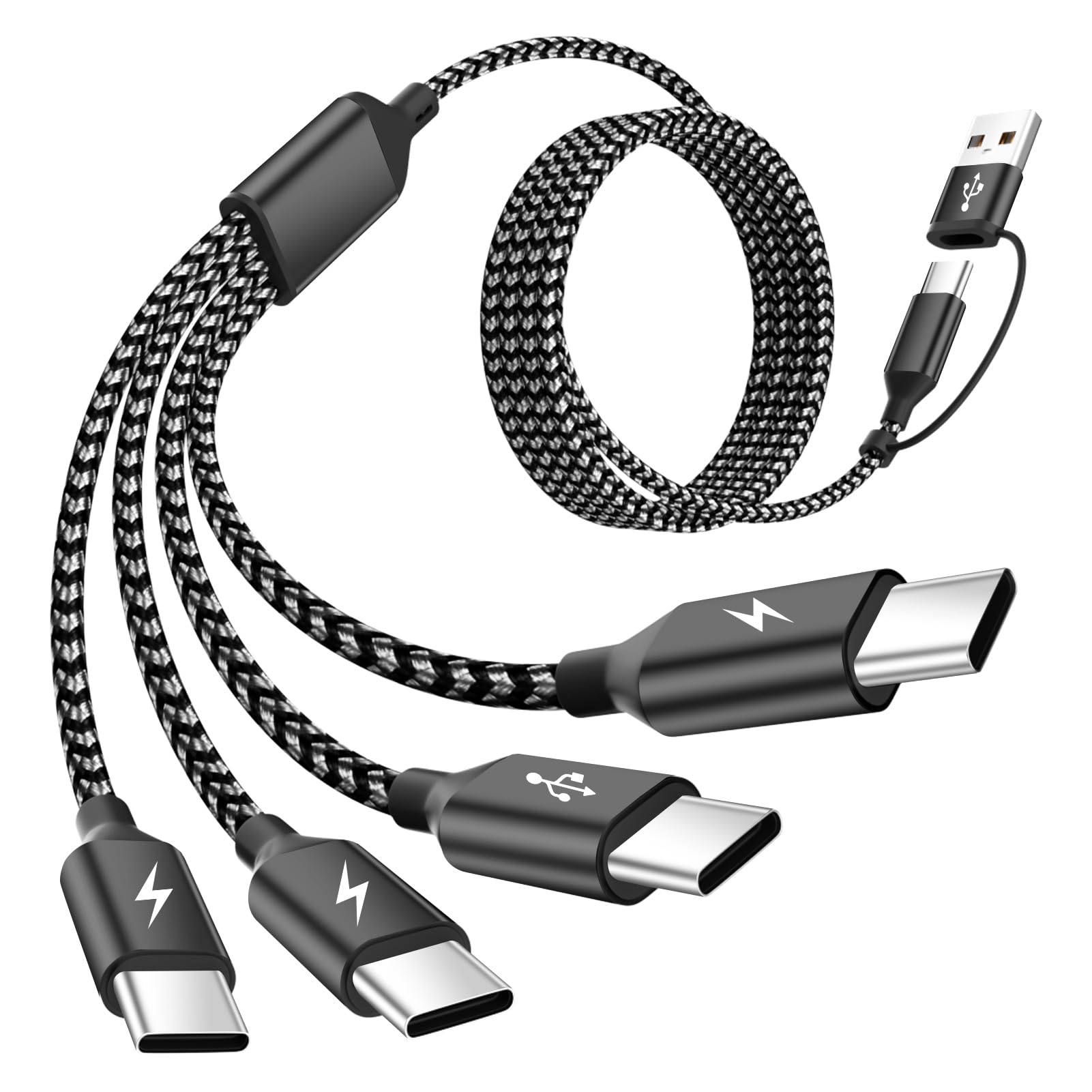 USB C Splitter Multi Charging Cable 1 Pack,USB A/C to USB C Charging Cord,Dual Type C Charger Cord,4 in 2 Multi Charger Cord with 4 Type-C Connectors Compatible with iPhone16/15/Cell Phones Tablets.