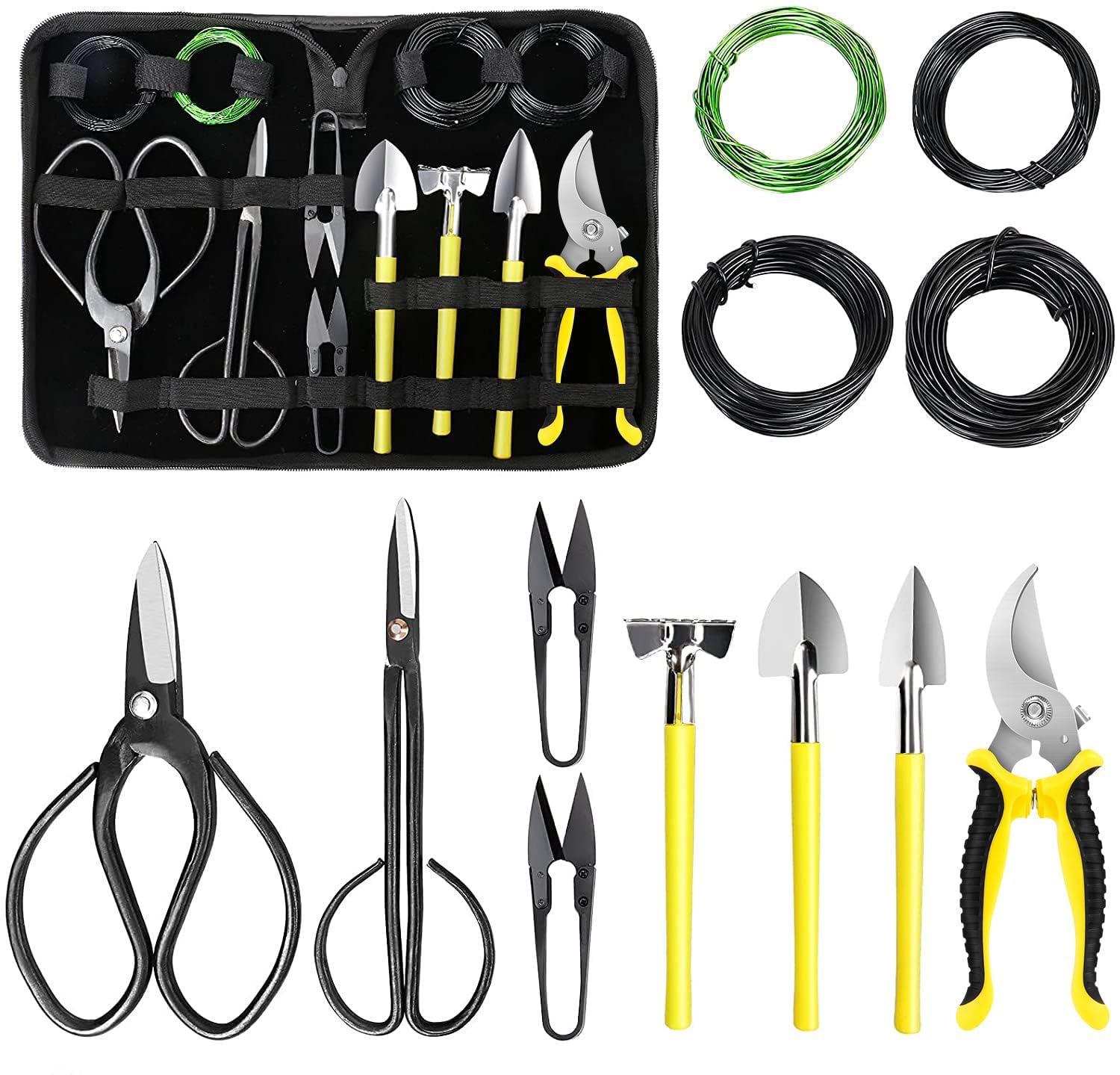 MOSFiATA Bonsai Tools Set 13 Pcs High Carbon Steel Succulent Gardening Trimming Tools Kit Include Pruning Shears, Scissors, Mini Rake, Round and Pointed Shovel &Training Wire in PU Leather Bag
