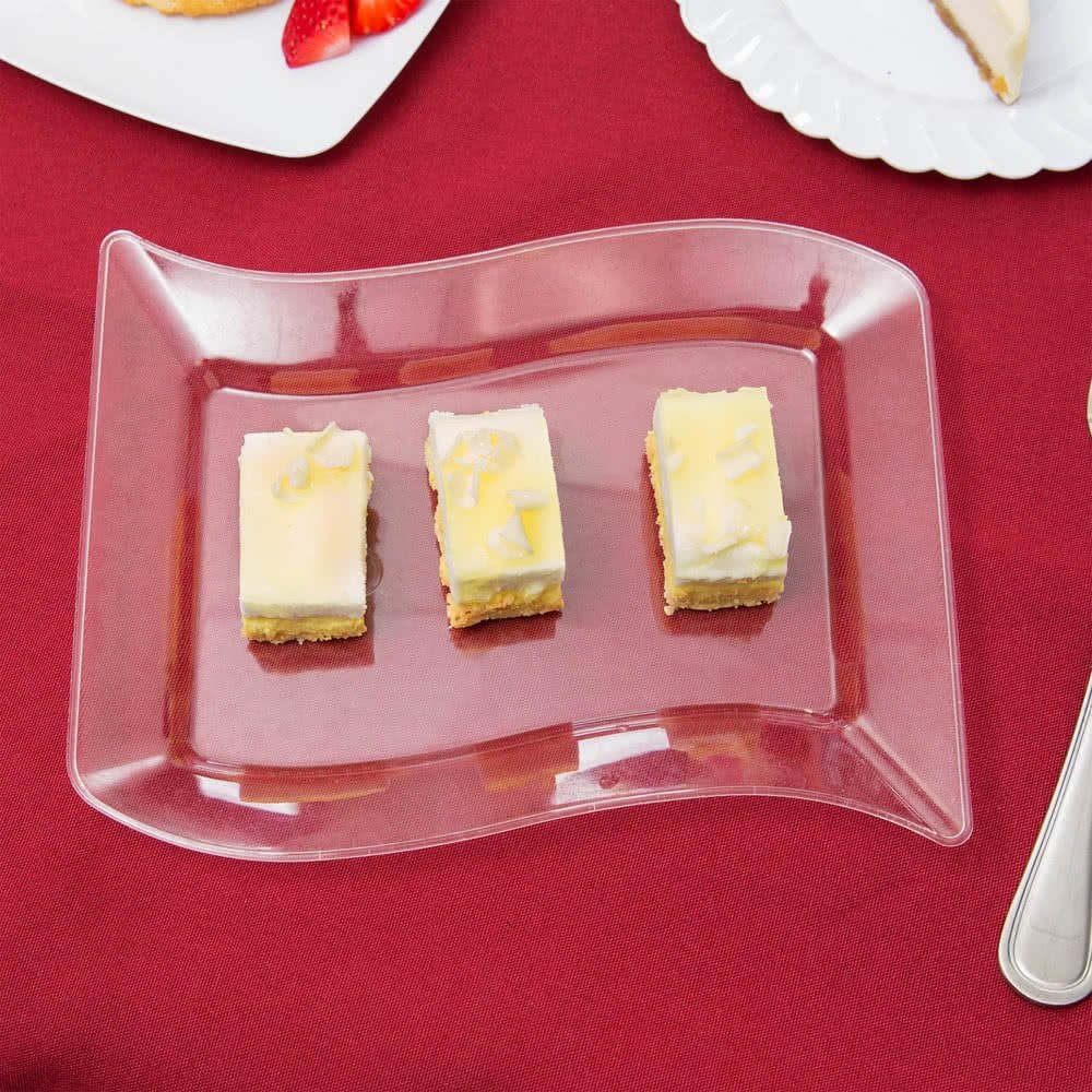 Pack of 10 - Elegant Hard Plastic Wavy Rectangular Small Dessert Serving Plates - 5.5 x 7.5 inch (14 x 19 cm) - Clear