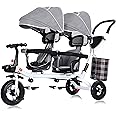 Kids Tricycle - 4 in 1 Double Seat Children'S Tricycle, Toddler Pushchair, Detachable Canopy, Folding Pedals, Reversible Seat, Removable Guardrail, Suitable for 1 to 6 Years Old Children,Gray