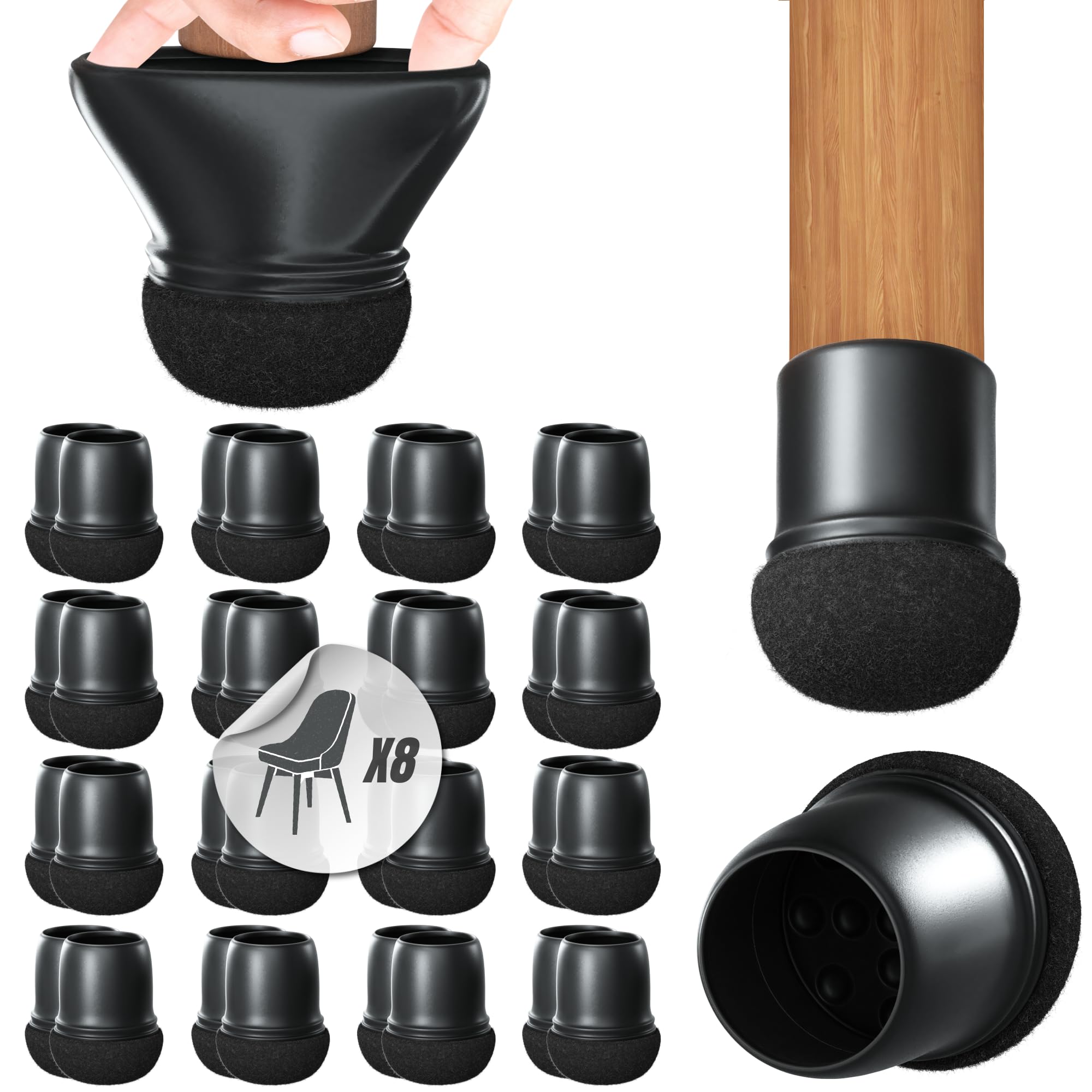 HOMETOWN Premium Pack of 32 Silicone Chair Leg Caps Protective Caps with Extra Thick Felt for Floor Protection Set for 8 Chairs Round Black Fils Chair Leg Socks Felt Gliders 14-19 mm
