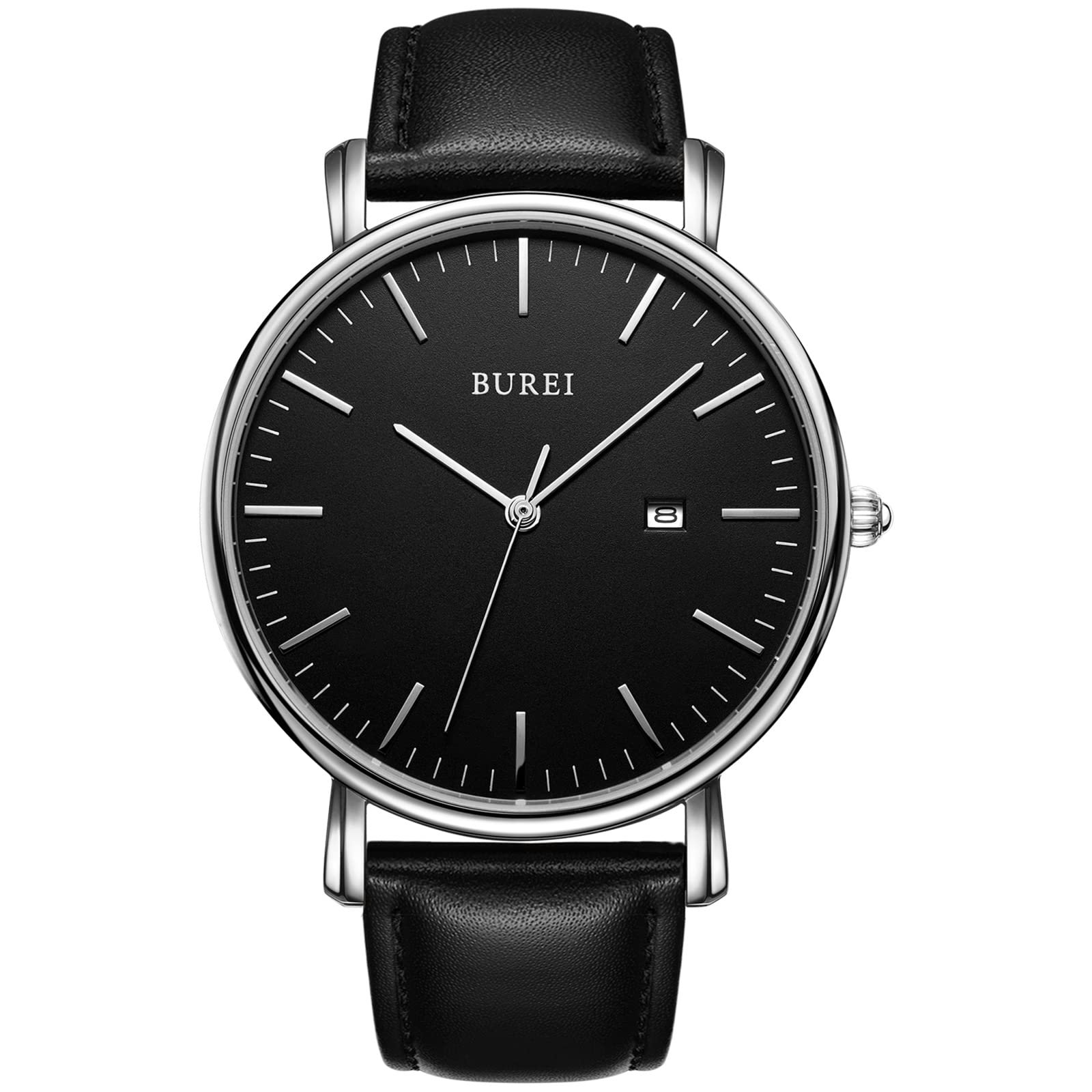 BUREI Men's Watches, Classic Analogue Dial with Date Japanese Quartz and Ultra-Thin Stainless Steel Mesh Band (Black Silver, Leather)