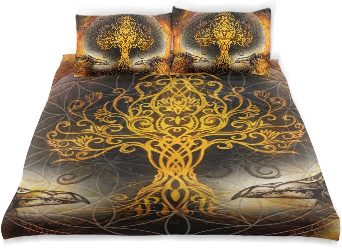 CHASOEA Duvet Cover Set Pair Ravens Tree Life Sacred Geometry Decorative 3 Piece Bedding Set with 2 Pillow Shams King Size