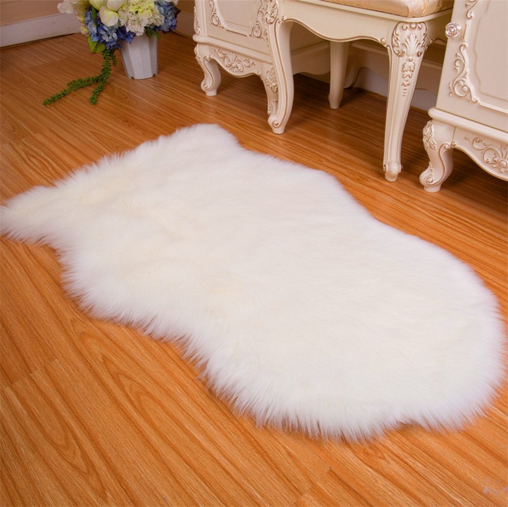 Soft Faux Fur Fake Sheepskin Area Rug Chair Cover Seat Pad Plain Shaggy Area Rugs For Bedroom Sofa Floor 35x59 Inch 3x5 Feet White