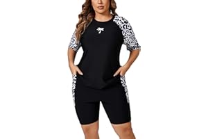 Halcurt Women's Plus Built in Bra Rash Guard Two Piece Swim Shirt and Pockets Boyleg Shorts
