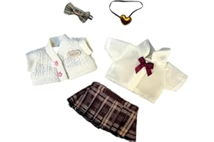 BALABOLA Clothes for 17cm Doll(Clothes Only) – 5-Piece Set Knitted Cardigan + Plaid Skirt + Shirt + Bow Headband + Heart-Shaped Bag for a Unique Dressed-Up Look – Fashion Handmade Accessories for Doll