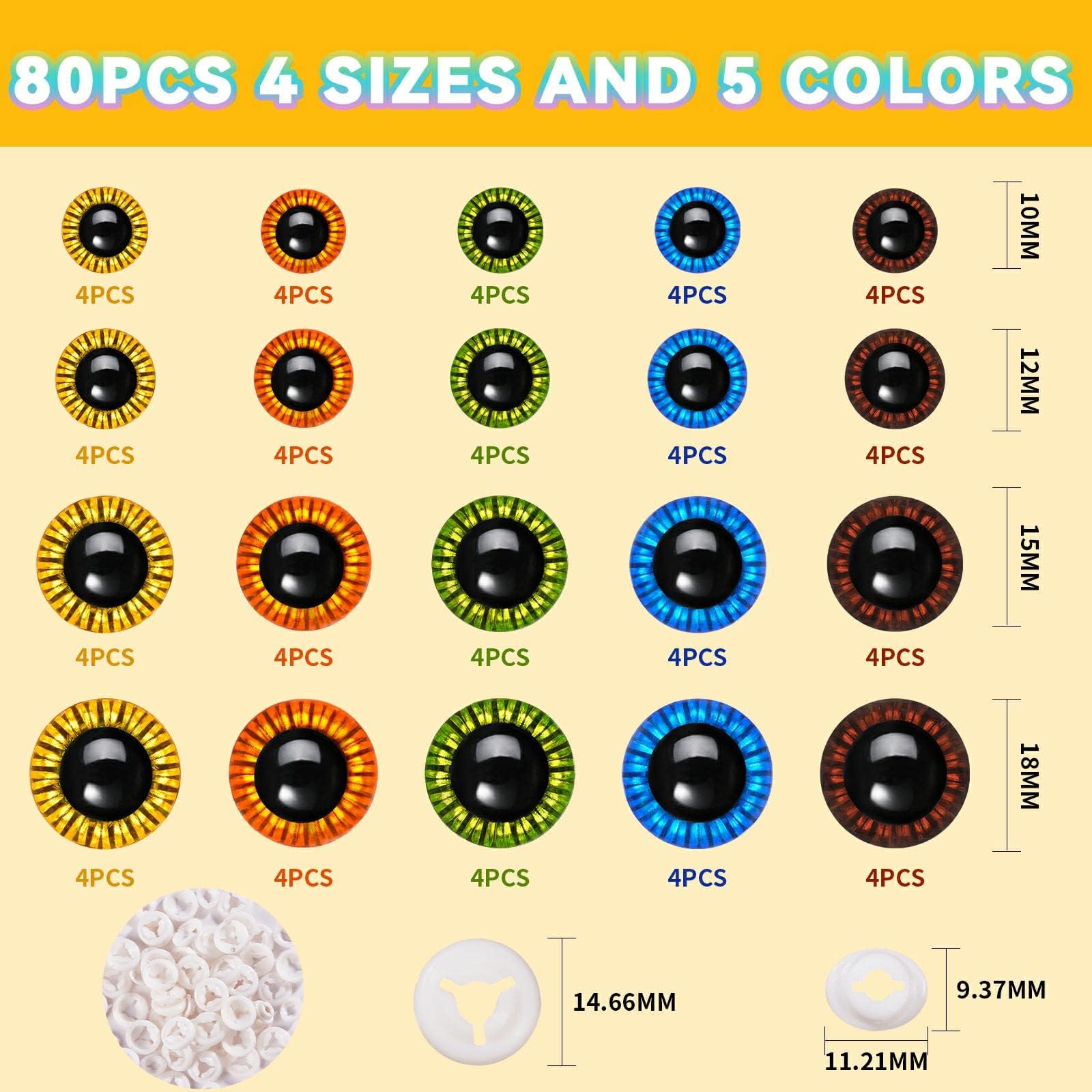 MUCUNNIA Safety Eyes 80 PCS 10mm-18mm Safety Eyes for Amigurumi Plastic Craft Colored Safety Eyes for Crochet with Washers Crochet Eyes for Plush Stuffed Animals, Stuffed Toy and Halloween Decorations