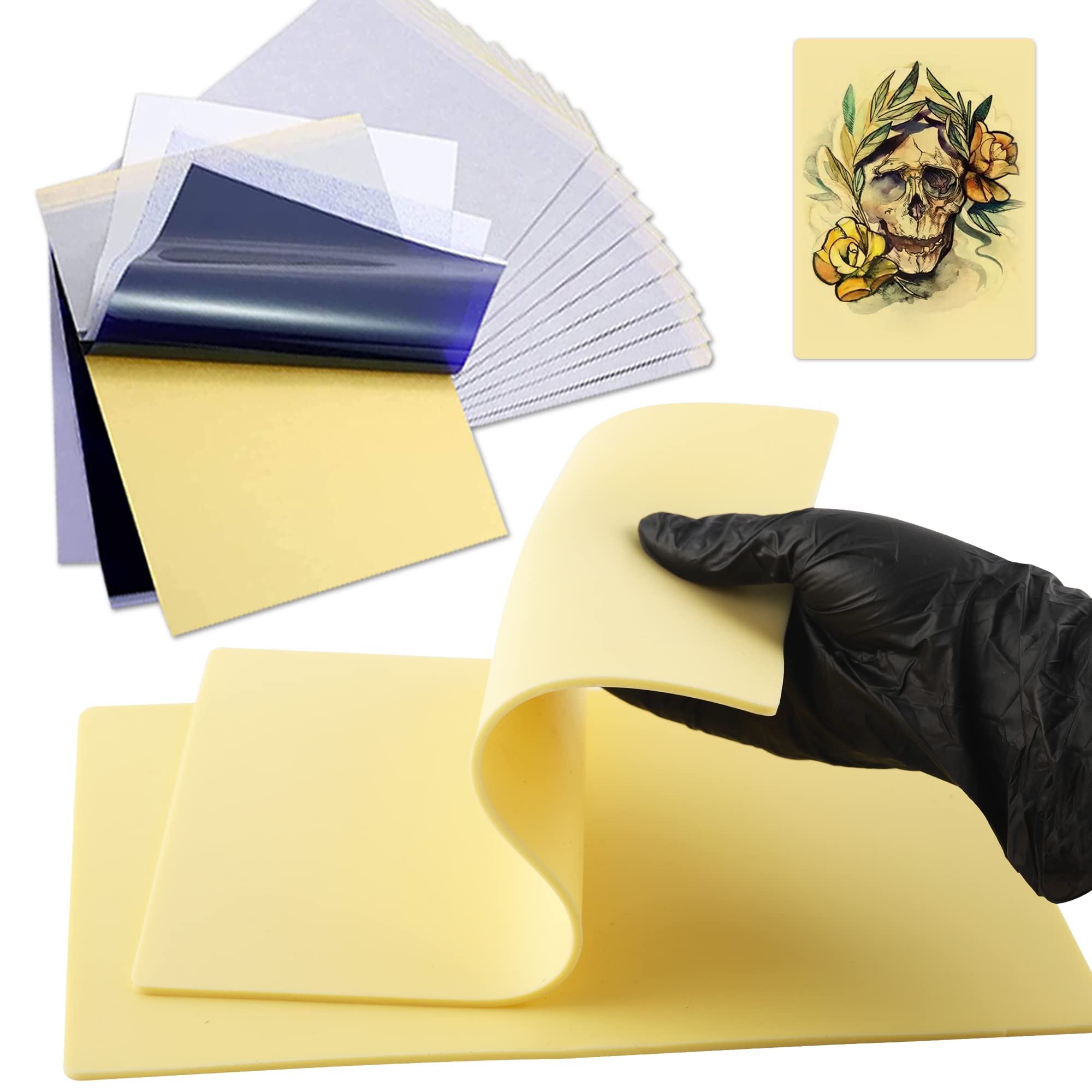 Rayyl Tattoo Fake Skin 3 mm and Transfer Paper, 2 Pieces Skin 10 Sheets Stencil Paper for Tattoo Supplies