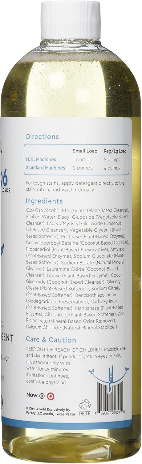Puracy Natural Liquid Laundry Detergent, Hypoallergenic, Enzyme-Based, Free & Clear, 24 Fl Oz (Pack of 1): Health & Personal Care
