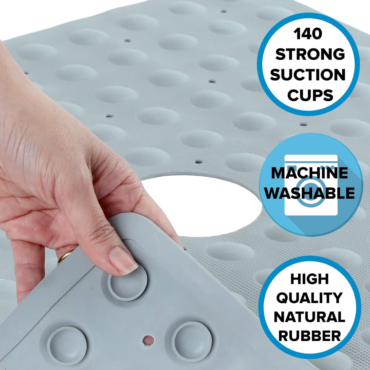 SlipX Solutions Gray Square Rubber Safety Shower Mat with Microban Antimicrobial Product Protection, Reliable Slip-Resistance in Shower Stalls (21 Inch Sides, Mildew Resistant, 140 Suction Cups): Health & Personal Care