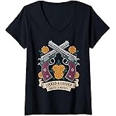 Womens Dia de Los Muertos - Calavera Pistols - Retro Sugar Skull V-Neck T-Shirt