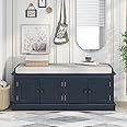 Merax Antique Navy Farmhouse Solid Wood Storage Bench with 4 Seat Cushion Shoe Cabinets for Entryway Hallway Front Door, Type 2