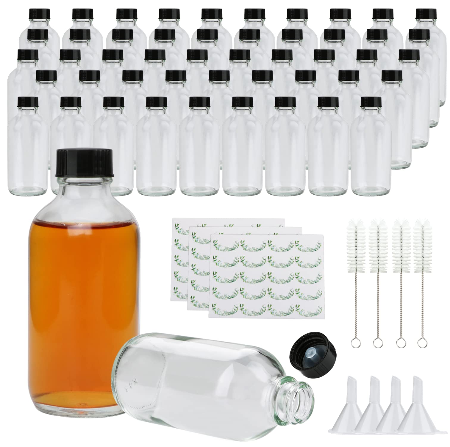 Small Clear Glass Bottles with Lids, 4 oz Glass Containers with Labels, Funnels and Brushes, Round Sample Bottles for Juice, Oils, Ginger Shots, Whiskey, Liquids, 50 Pack
