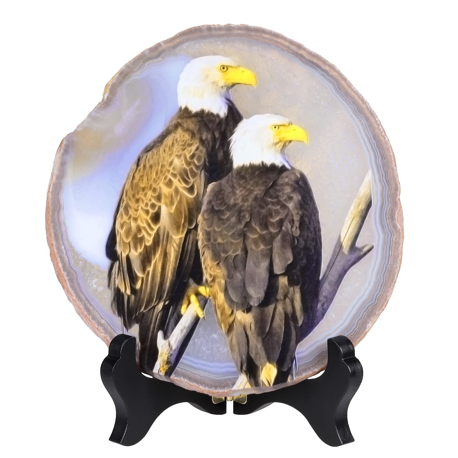 mookaitedecor Bald Eagle Animal Crystal Art Print Agate Slice Stone Ornament with Stand Good Luck Feng Shui Crystal Home Decor, Healing Crystal Animal Bald Eagle Gift Ornament Housewarming Gift