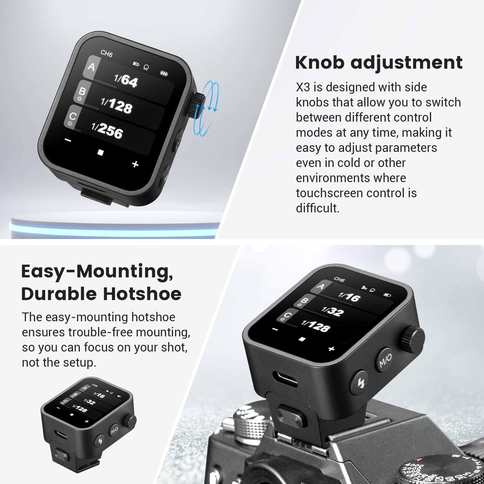 Godox X3-F Wireless Flash Trigger OLED Touch Screen Rechargeable Battery, USB-C Charging, Quick Fit Hot Shoe, Built in Godox 2.4G X Wireless System, 1/8000s HSS TTL TCM Function with Technical
