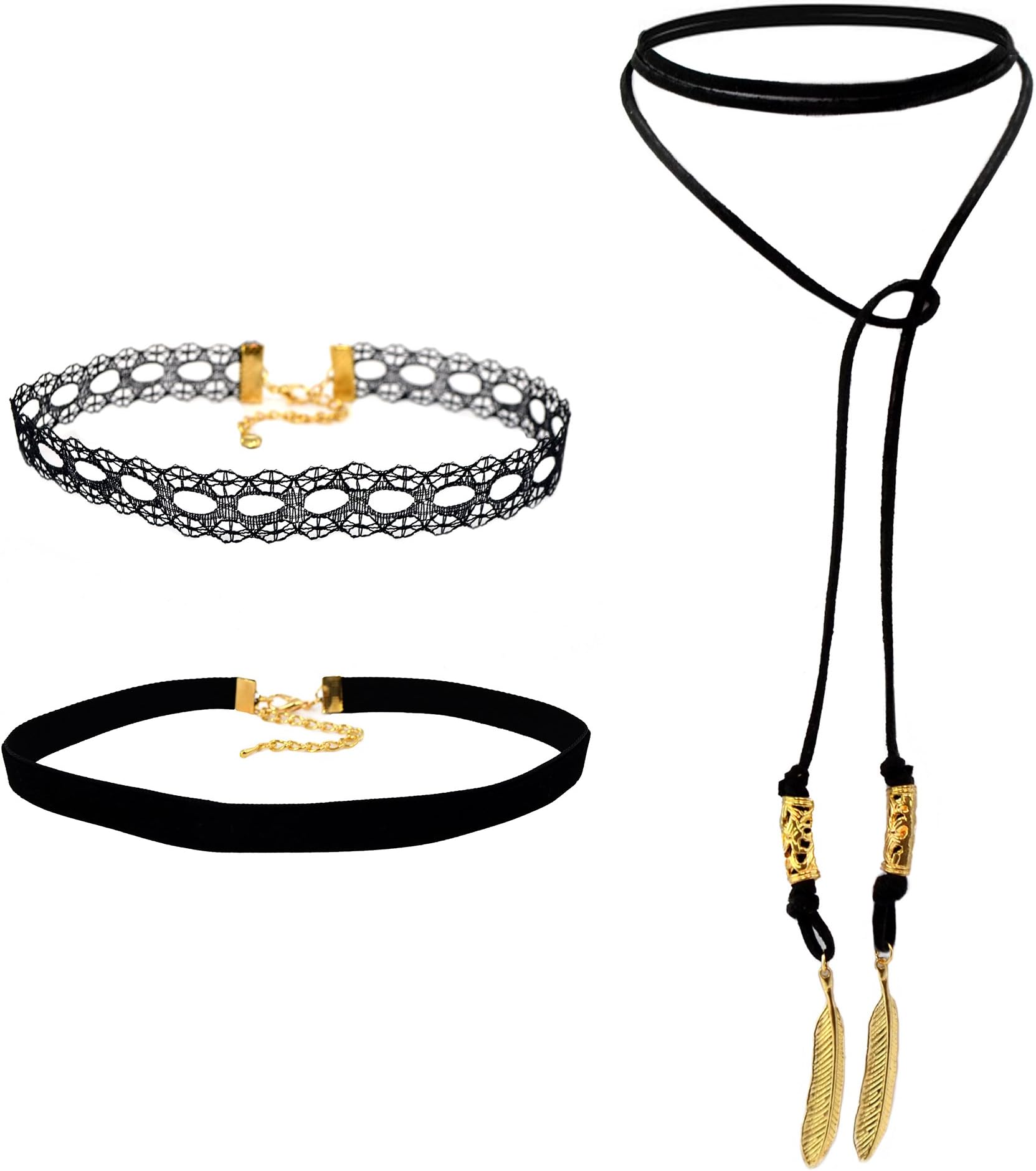 SOHO 1-3 PC Choker Necklace Set - Black Velvet, Lace and Vegan Leather Wrap | Necklaces for Women Girls