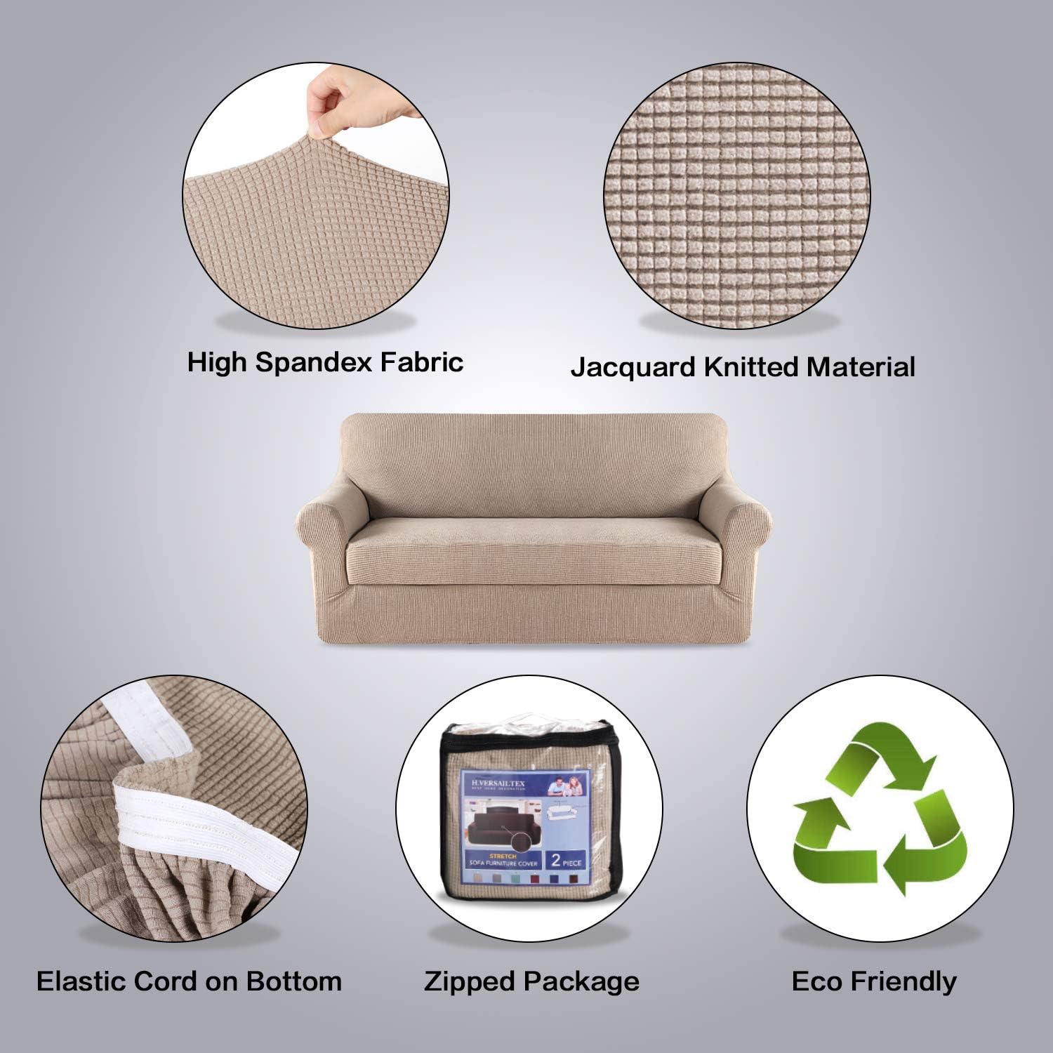 H.VERSAILTEX Stretch Sofa Covers 2 Piece for 3 Cushion Couch Covers Sofa Slipcovers Furniture Covers (Base Cover & Seat Cushion Cover) Feature Deluxe Textured Jacquard (Standard Sofa, Sand): Kitchen & Dining