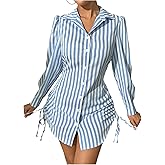 Floerns Women's Striped Button Up Casual Dress Long Sleeve Drawstring Mini Dresses