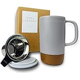 Mora Ceramics Large Tea Mug with Loose Leaf Infuser and Ceramic Lid, 18 oz, Portable, Microwave and Dishwasher Safe, Tall Coffee Cup - Rustic Matte Ceramic Glaze, Modern Herbal Tea Strainer, Sleet