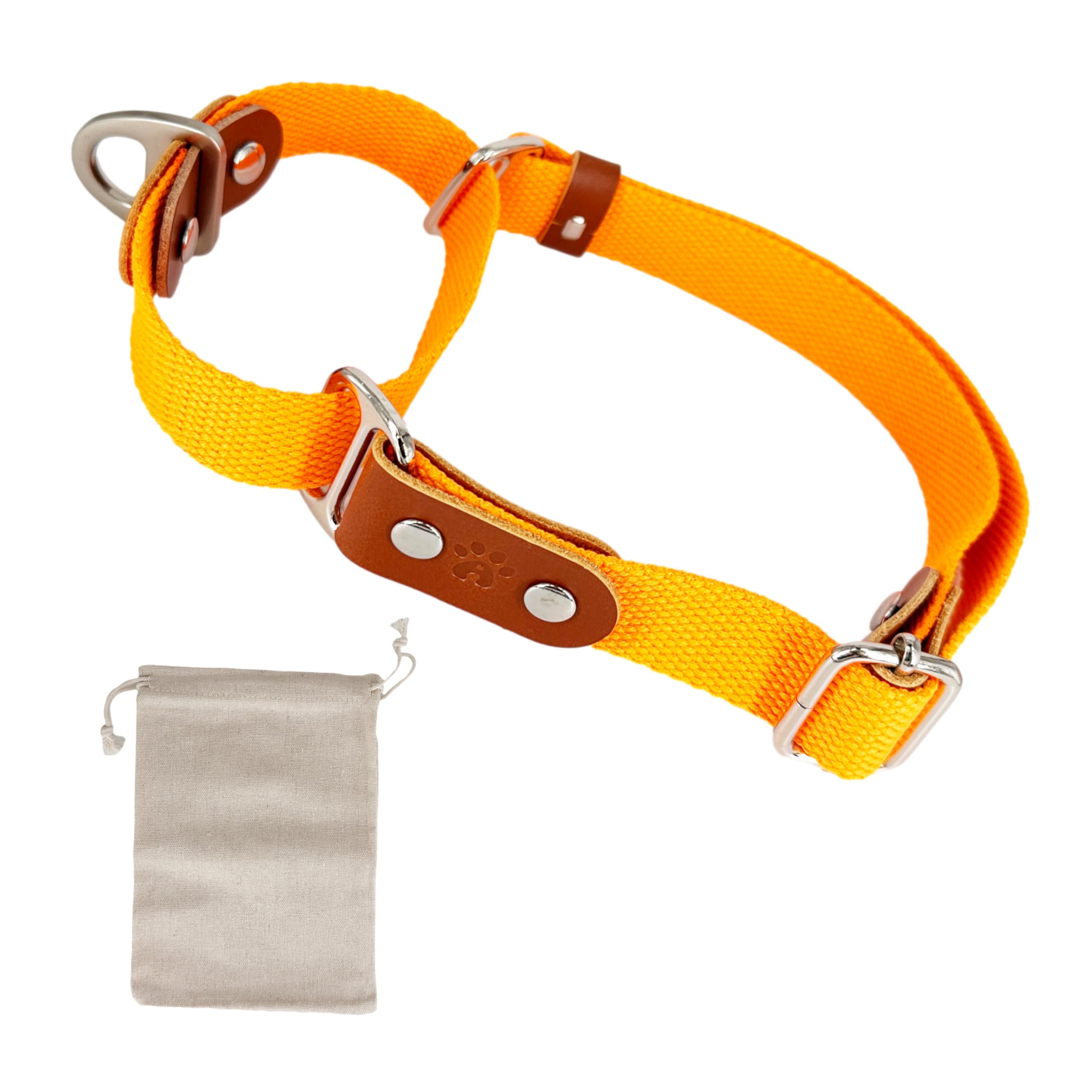 Martingale Dog Choke Collar, Antipull, Poly-Cotton and Leather. M. Orange & Cognac