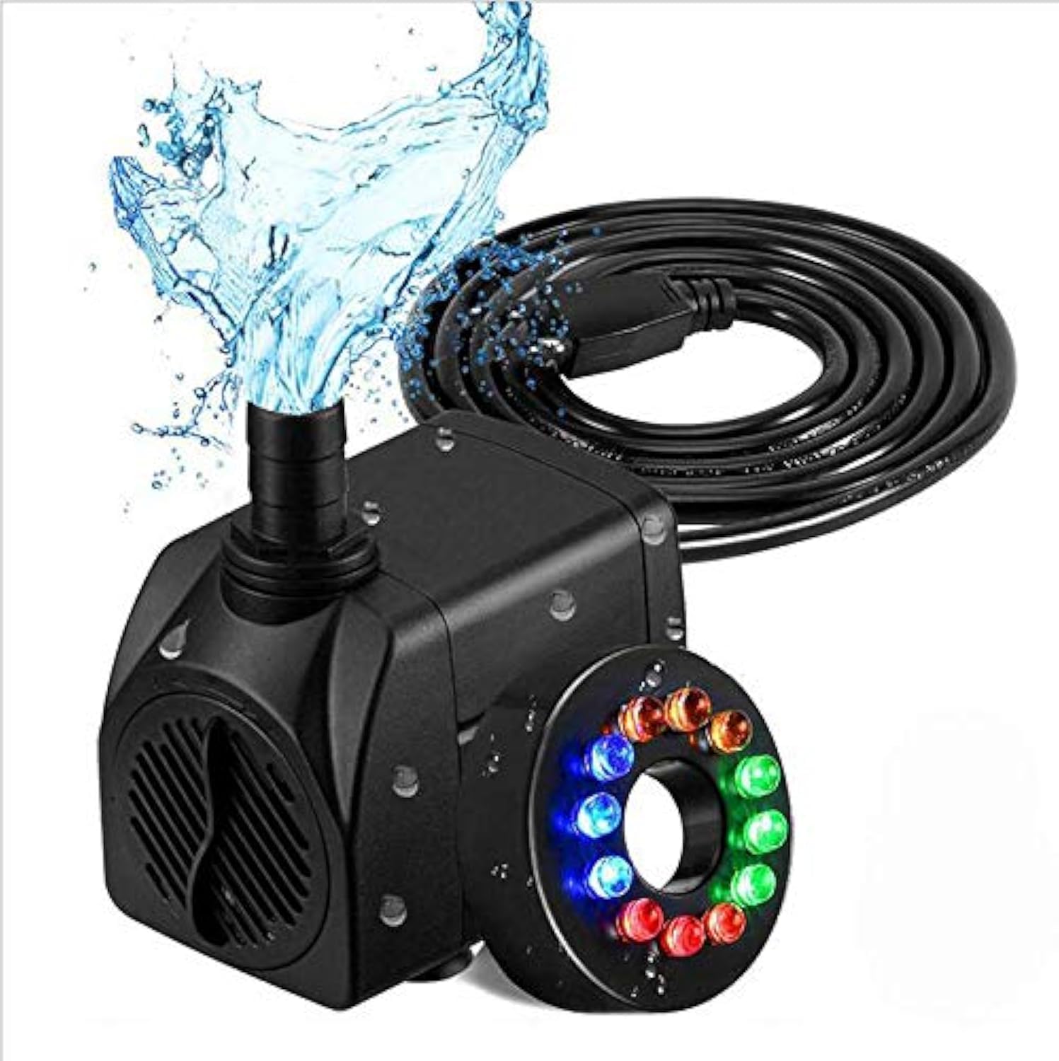 800L/H 16W Electric Water Pump, Submersible WaterPump with 12 Color LED Light, Quiet Small Water Pump for Fountain Aquarium Fish Tank Garden Pool Pond