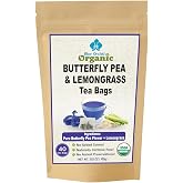 Organic Butterfly Pea Flower and Lemongrass Tea Bags - Citrusy Blue Superfood Herbal Drink - Caffeine Free - 40 Natural Corn Fiber Sachets