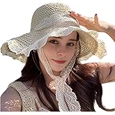 Ladies Wide Brim Beach Straw Hat Summer Vacation Sun Protection Hat Braided Lace Edge Hat Soft Foldable Lightweight