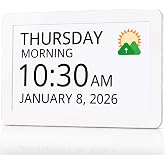 Robin Clock 2026 with Day and Date for Elderly, Clocks for Seniors, Dementia Clock, Digital Calendar Elderly, Bedside Clocks Seniors, Alzheimers Products, Dementia Clocks Large, White