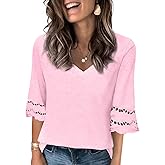 Joywayco Women's V Neck 3/4 Lace Sleeve Tshirts Casual Summer Loose Fit Fashion Tops