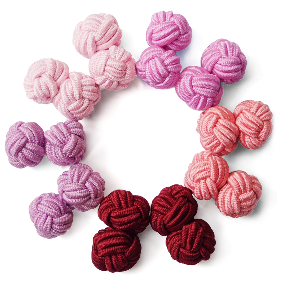 HONEY BEAR 5 Pairs Mens/Women Silk Fabric Knot Twisted Cufflinks Set, for Shirt/Dress Business Wedding,Round Shape with Box (Pink Red Color scheme with box)