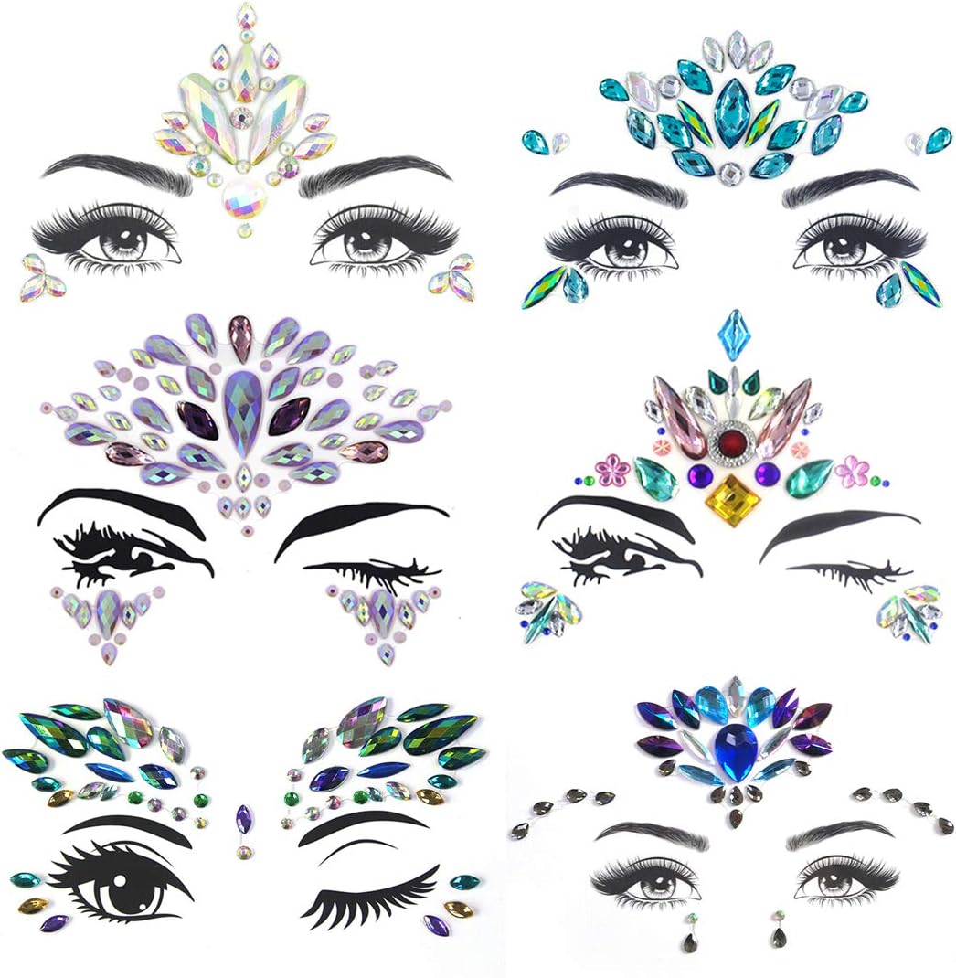 Face Gems Women Face Jewels Crystal Face Glitter Rhinestone Bindi Temporary Tattoo Face Eyebrow Body Stickers for Festival Party Pack of 6