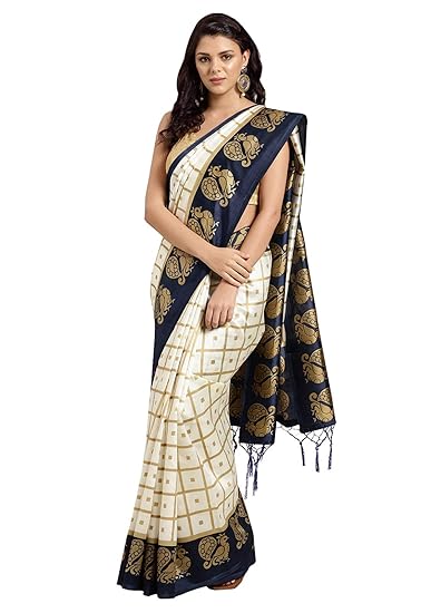 Art Silk White Printed Womens Saree With Tassels