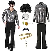 70s Disco Outfit for Men 70s Disco Costume with Satin Shirt Bell Bottom Pants Wigs Mustache Necklace Sunglasses for Party