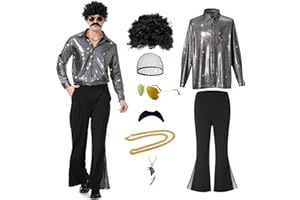 OWURHA 70s Disco Outfit for Men 70s Disco Costume with Satin Shirt Bell Bottom Pants Wigs Mustache Necklace Sunglasses for Party