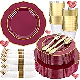 Liacere 350PCS Red Plastic Plates-Disposable Burgundy Red and Gold Plates 50guest Baroque Plastic Dinnerware include 100Plates, 50Pack Pre Rolled Napkins with Silverware 50Cups for Christmas