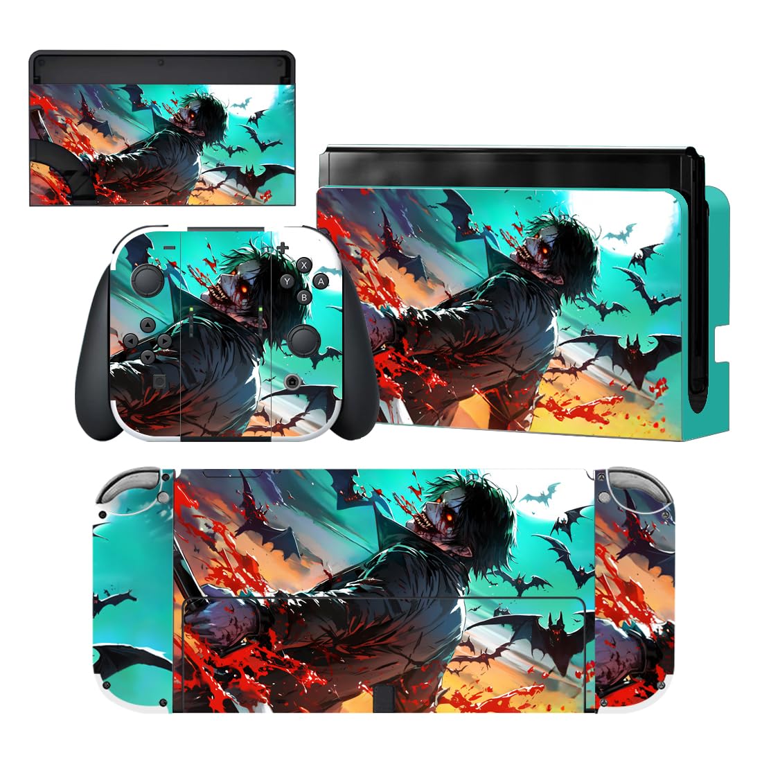 PlayVital for Nintendo Switch OLED Skins Full Set – No-Residue Protective Vinyl Decal Wrap Sticker for Switch OLED Console, Dock, Joycon & Hand Grips - Bats Zombie