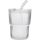 ALYBIT 13oz/400ML Glass Tumbler with Straw and Lid Ribbed Vertical Ice Coffee Cups Sealed Carry on for Coffee Iced Tea, Thick Wall Glassware Tumbler Water Glass (1)