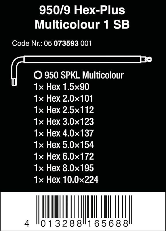 05073593001 950/9 Hex-Plus 1 SB Winkelschlüsselsatz, Mehrfarbig, metrisch, BlackLaser, 9-teilig, Mehrfarbig